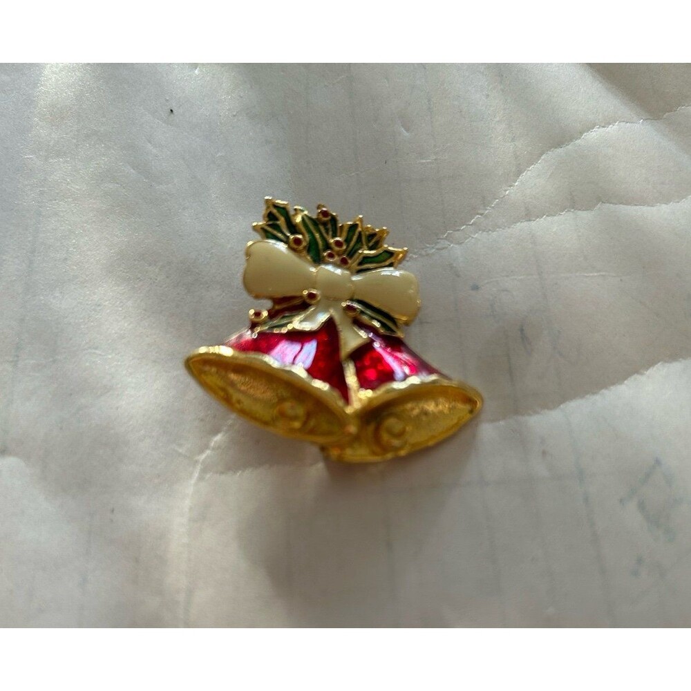 Elegant Red and Gold Holiday Bell Brooch